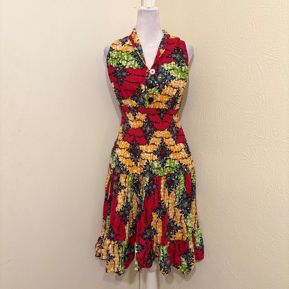 NF Wax Print Ikat Smocked Cotton‎ Drop Waist Mini Dress Boho Hippie One Size